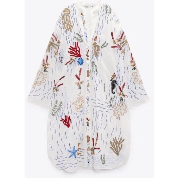 Zara The Lagoon Embroidered Sea Life kaftan, small $140 F22 - Picture 3 of 12